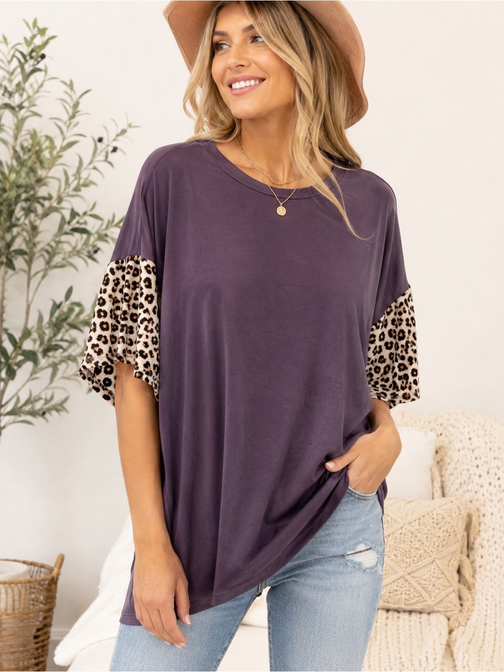 Haptics Purple Leopard Print Sleeve Oversized Top Large Boho Boutique